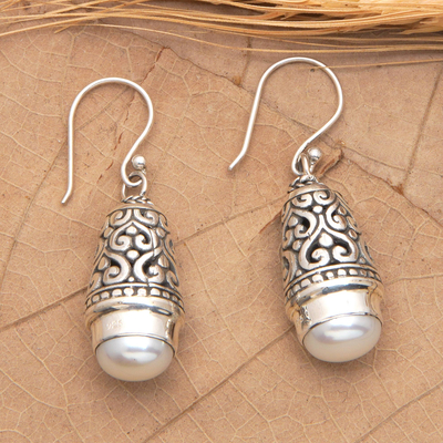 Cultured pearl dangle earrings, 'Bells of Bali' - Balinese Cultured Pearl Earrings in Sterling Silver
