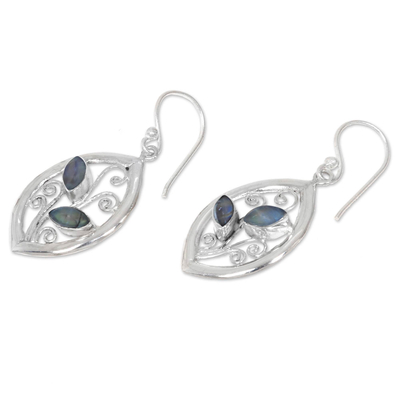 Rainbow moonstone dangle earrings, 'Paradise Leaves' - 925 Sterling Silver Leaf Earrings with Rainbow Moonstone