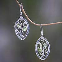 Peridot dangle earrings, 'Paradise Leaves' - Artisan Crafted Sterling Silver Leaf Earrings with Peridot