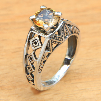 Citrine cocktail ring, 'Sun Goddess Temple' - Balinese Silver Lattice Handcrafted Citrine Cocktail Ring