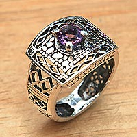 Amethyst cocktail ring, 'Bali Temple' - Handcrafted Amethyst Ring with Sterling Silver Cutout Motifs