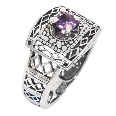Amethyst cocktail ring, 'Bali Temple' - Handcrafted Amethyst Ring with Sterling Silver Cutout Motifs