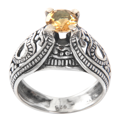 Citrine solitaire ring, 'Sukawati Sun' - Balinese Citrine Solitaire with Sterling Silver Cutouts