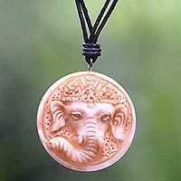 Bone and leather pendant necklace, 'Joyful Ganesha' - Hand Crafted Leather and Bone Necklace with Ganesha Pendant