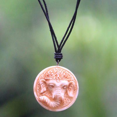 Bone and leather pendant necklace, 'Joyful Ganesha' - Hand Crafted Leather and Bone Necklace with Ganesha Pendant