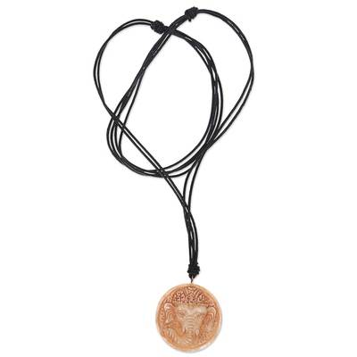 Bone and leather pendant necklace, 'Joyful Ganesha' - Hand Crafted Leather and Bone Necklace with Ganesha Pendant