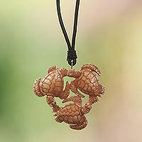 Bone and leather pendant necklace, 'Happy Turtle'