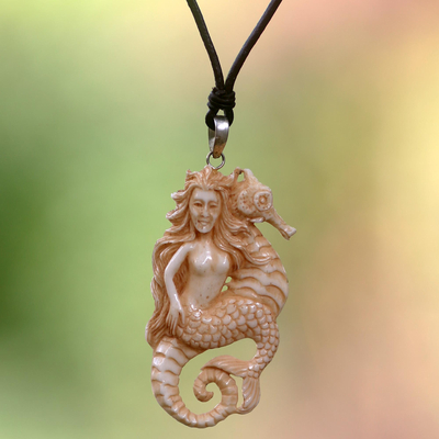 Cow bone and leather pendant necklace, 'Mermaid and Seahorse' - Artisan Crafted Leather Necklace with Mermaid Pendant