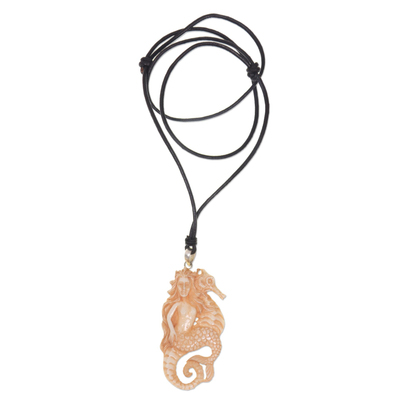 Cow bone and leather pendant necklace, 'Mermaid and Seahorse' - Artisan Crafted Leather Necklace with Mermaid Pendant