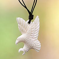 Cow bone and leather pendant necklace, 'Catch the Wind I' - Artisan Crafted Leather Necklace with Eagle Pendant