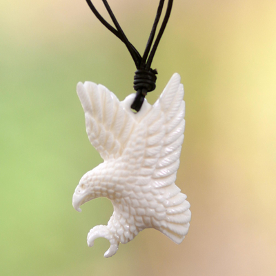 Cow bone and leather pendant necklace, 'Catch the Wind I' - Artisan Crafted Leather Necklace with Eagle Pendant