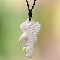Bone and leather pendant necklace, 'Catch the Wind'