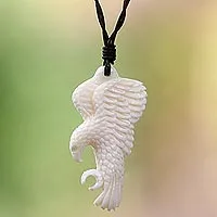 Bone and leather pendant necklace, 'Catch the Wind' - Artisan Crafted Leather Necklace with Eagle Pendant