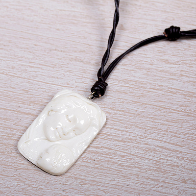 Bone and leather pendant necklace, 'Loving Virgin Mary' - Artisan Crafted Virgin Mary Medallion Necklace