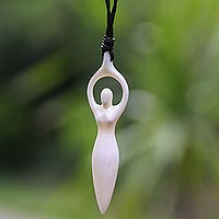 Bone and leather pendant necklace, 'Greet the Sun'