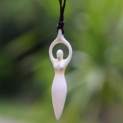 Bone and leather pendant necklace, 'Greet the Sun' - Modern Artisan Crafted Balinese Pendant Necklace