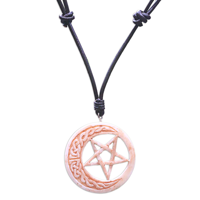 Bone and leather pendant necklace, 'Celtic Moon Star' - Hand Carved Moon and Star Necklace in Leather and Bone