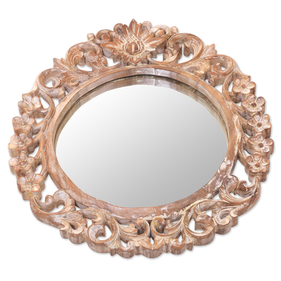 Wall mirror, 'Gianyar Garden' - Hand Carved Suar Wood Floral Wall Mirror from Bali