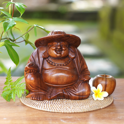 Wood sculpture, 'Happy Buddha in a Hat' - Tropical Balinese Laughing Buddha Wood Sculpture