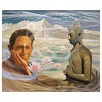 'Buddha Glance' (2012) - Man with Buddha and Lotus Painting Realism Art from Bali