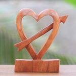 Wood statuette, 'Fall in Love' - Hand-Carved Natural Wood Heart Statuette from Bali