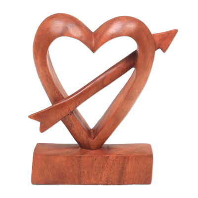 Wood statuette, 'Fall in Love' - Hand-Carved Natural Wood Heart Statuette from Bali