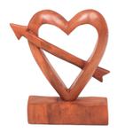 Wood statuette, 'Fall in Love' - Hand-Carved Natural Wood Heart Statuette from Bali