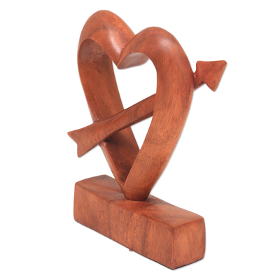 Wood statuette, 'Fall in Love' - Hand-Carved Natural Wood Heart Statuette from Bali