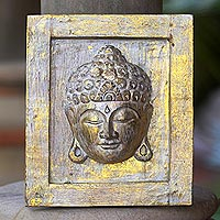 Wood relief panel, 'Peaceful Buddha' - Hand Carved Gilded Wood Wall Panel of Buddha from Indonesia