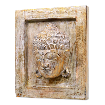 Reliefplatte aus Holz - Handgeschnitztes Wandpaneel aus vergoldetem Holz mit Buddha aus Indonesien
