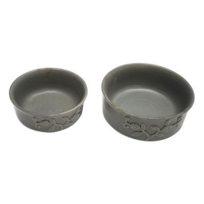 Cuencos de cerámica para servir, (par) - Juego de 2 cuencos de cerámica con motivos florales grises hechos a mano en Bali