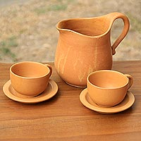 Ceramic coffee set, 'Tabanan Ginger' (set for 2) - Orange Ceramic Coffee Pitcher with Cups and Saucers for 2
