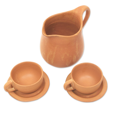 Juego de café de cerámica, (juego para 2) - Jarra de café de cerámica naranja con tazas y platillos para 2
