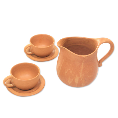 Juego de café de cerámica, (juego para 2) - Jarra de café de cerámica naranja con tazas y platillos para 2