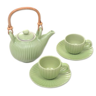 Ceramic tea set, 'Jungle Banana Leaf' (set for 2) - Green Ceramic Teapot with Cups and Saucers for 2