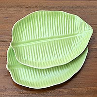 Ceramic canape plates, 'Jungle Banana Leaf' (pair) - Green Ceramic 7-Inch Banana Leaf Canape Plates (Pair)