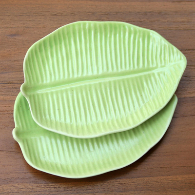 Ceramic canape plates, Jungle Banana Leaf (pair)