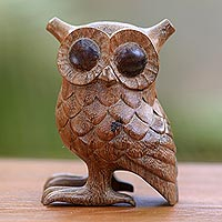 Wood statuette, 'Owl Wisdom' - Artisan Crafted Wood Statuette of Wide Eyed Owl from Bali