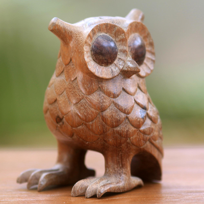 Wood statuette, 'Owl Wisdom' - Artisan Crafted Wood Statuette of Wide Eyed Owl from Bali