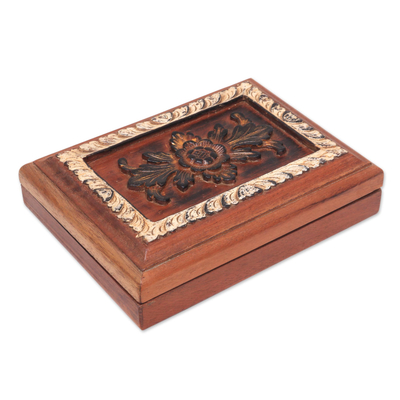 Wood jewelry box, 'Altar' - Artisan Crafted Suar Wood Jewelry Box with Floral Motif