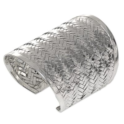 Sterling silver cuff bracelet, 'Tropical Rattan' - Balinese Handwoven Wide Sterling Silver Cuff Bracelet
