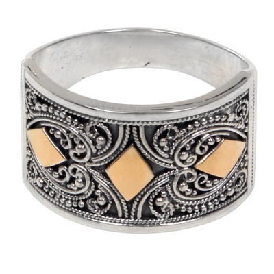 Gold accent sterling silver band ring, 'Stars Over Bali' - Balinese Style Contemporary Silver Ring with Gold Accents