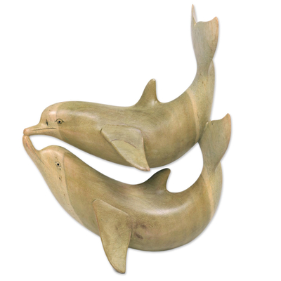 Wood sculpture, 'Dolphins in Love' - Balinese Hand Carved Dolphin Wood Sculpture