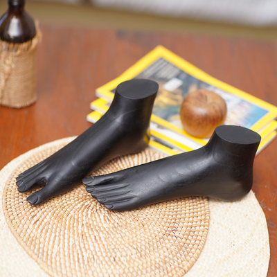 Wood sculptures, 'Black Feet' (pair) - Hand Carved Wood Sculptures of Feet (Pair) from Indonesia
