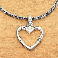 Sterling silver pendant necklace, 'Bamboo Heart'