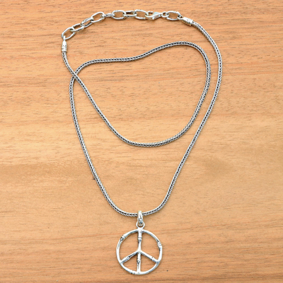 Sterling silver pendant necklace, 'Bamboo Peace' - Sterling Silver Bamboo Motif Peace Symbol Pendant Necklace