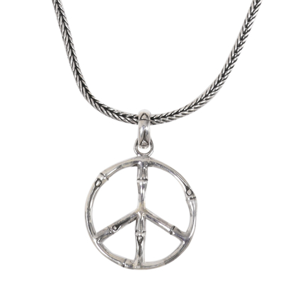 Sterling silver pendant necklace, 'Bamboo Peace' - Sterling Silver Bamboo Motif Peace Symbol Pendant Necklace
