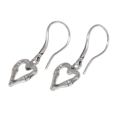 Sterling silver dangle earrings, 'Bamboo Heart' - Balinese Bamboo Motif Sterling Silver Heart Earrings