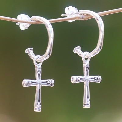 Sterling silver dangle earrings, 'Bamboo Cross' - Sterling Silver Balinese Bamboo Motif Cross Earrings