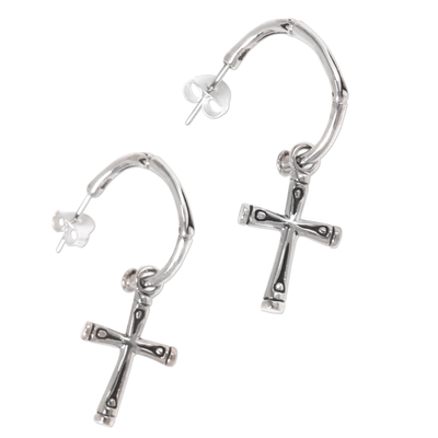 Sterling silver dangle earrings, 'Bamboo Cross' - Sterling Silver Balinese Bamboo Motif Cross Earrings